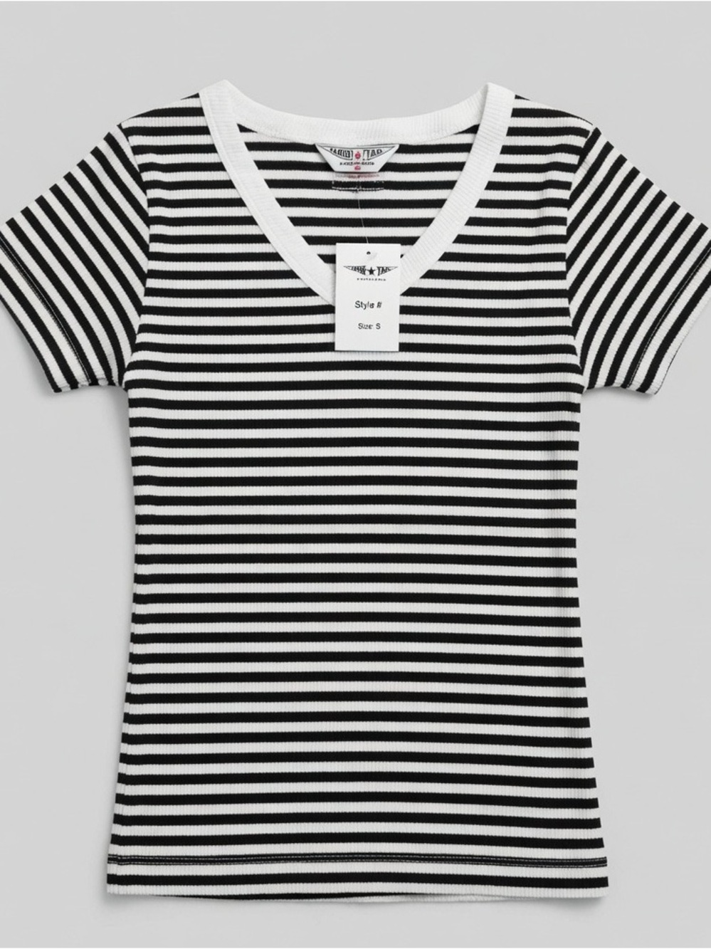 Hard Tail Black White Striped V-Neck Ribbed Tee Shirt Size S NWT Made In USA